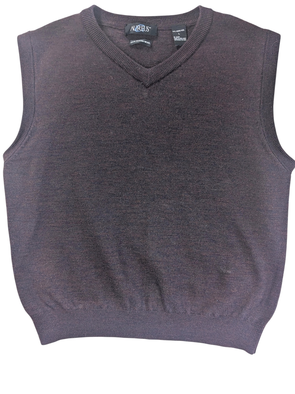 Aureus Men’s V-Neck Sweater Vest in Dark Purple Brown Size L Merino Wool
